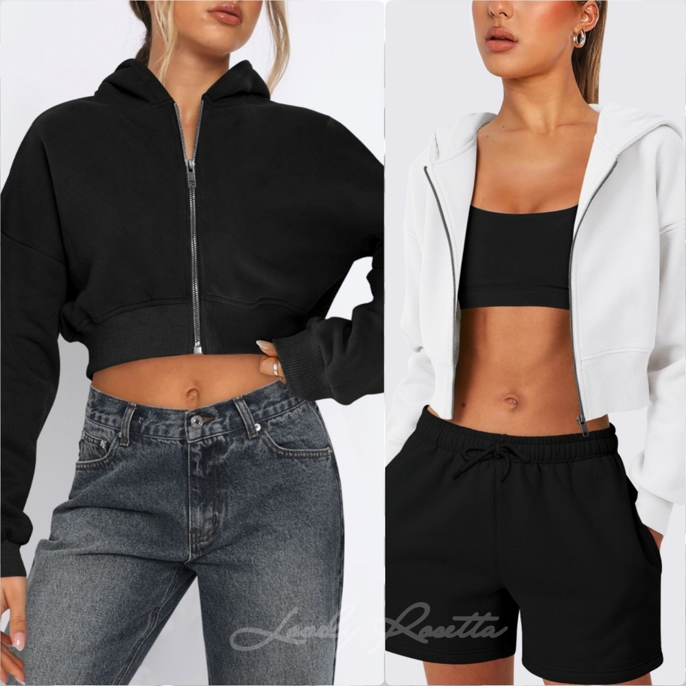 Black Cropped Hooded Zip-Up Jacket